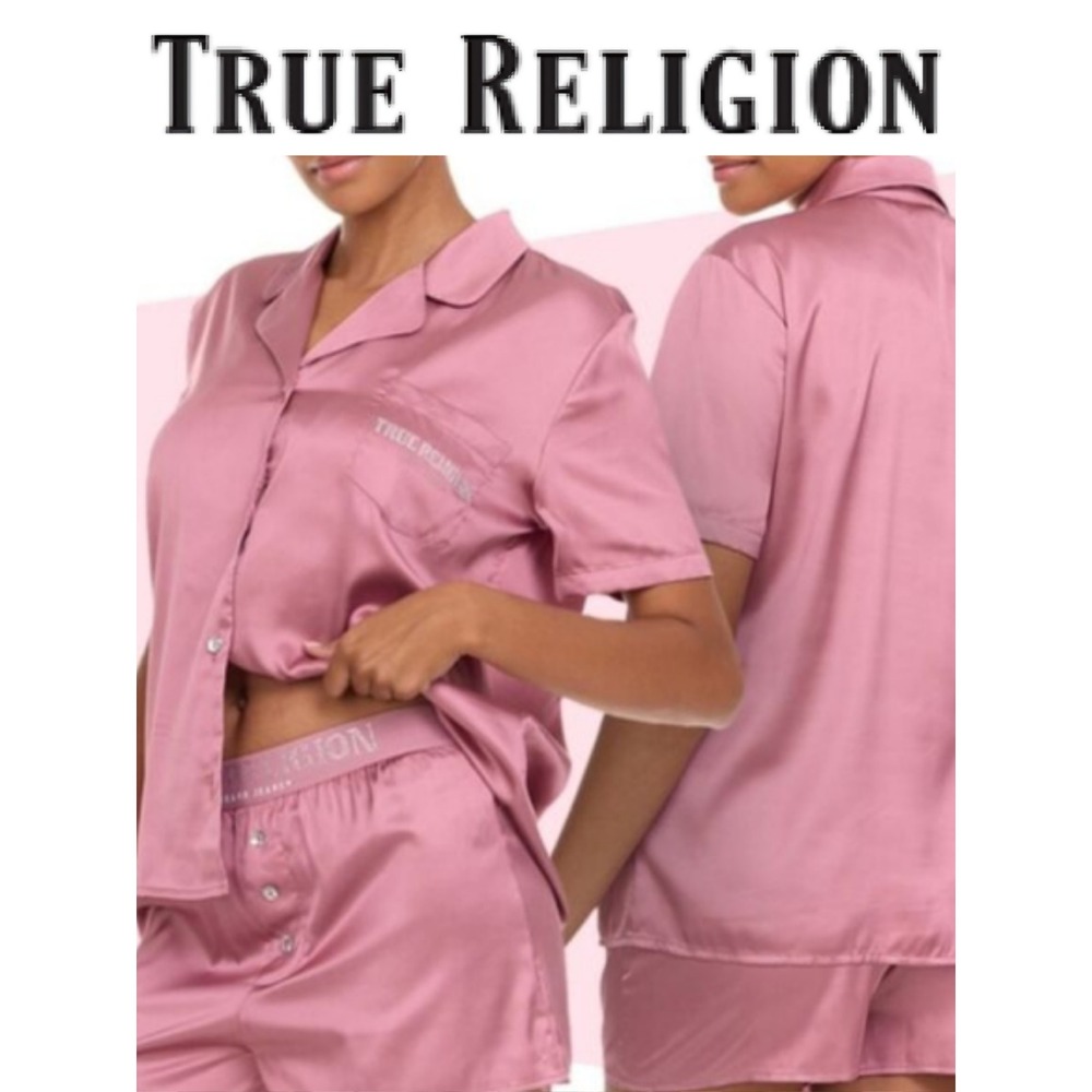 True Religion Rhinestone Logo Stretch Satin Pajama Set